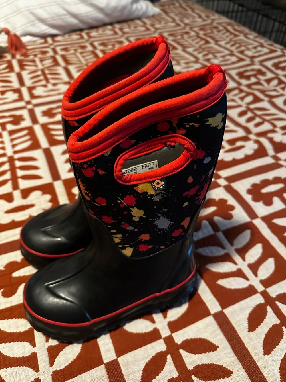 Bogs Kids’ Rain Boots - Black with Red Trim and Colorful Paint Splatter